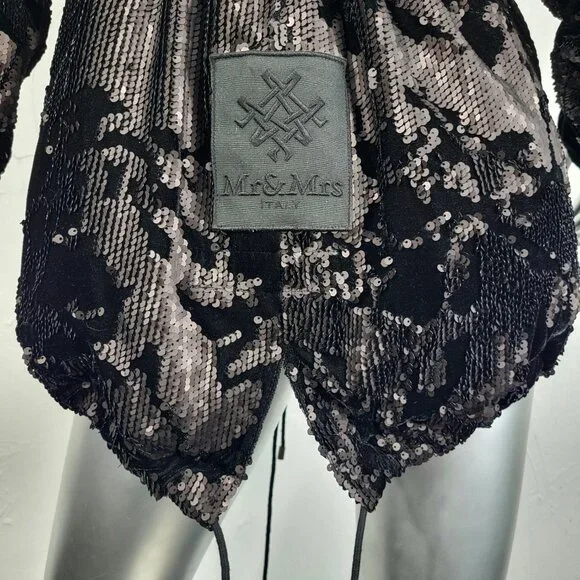 NWT~$2590~MR & MRS ITALY~S/M~BLACK VELVET SEQUIN HOODED PARKA COAT NO FUR